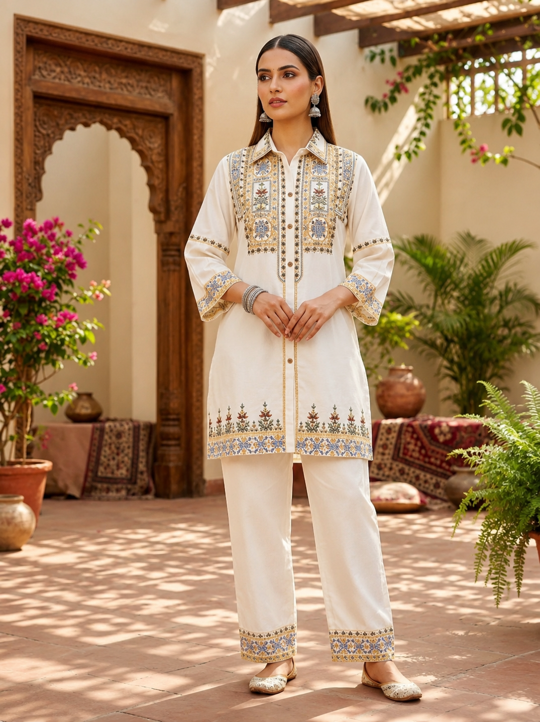 Premium Off White Embroidered Straight Kurta Pant Set for Women, Off White Embroidered Kurta Pant Set