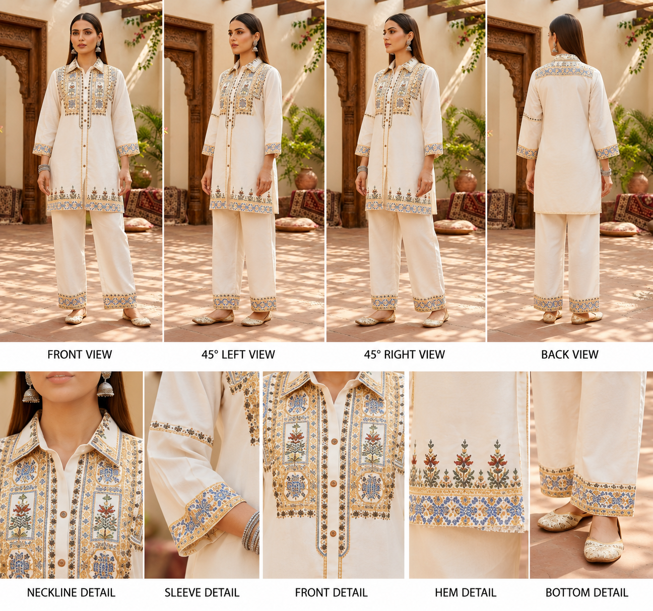 Premium Off White Embroidered Straight Kurta Pant Set for Women - Image 2