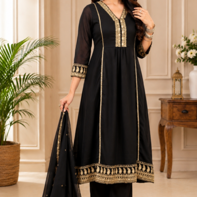 Premium Black Embroidered Anarkali Kurta Pant Set with Dupatta