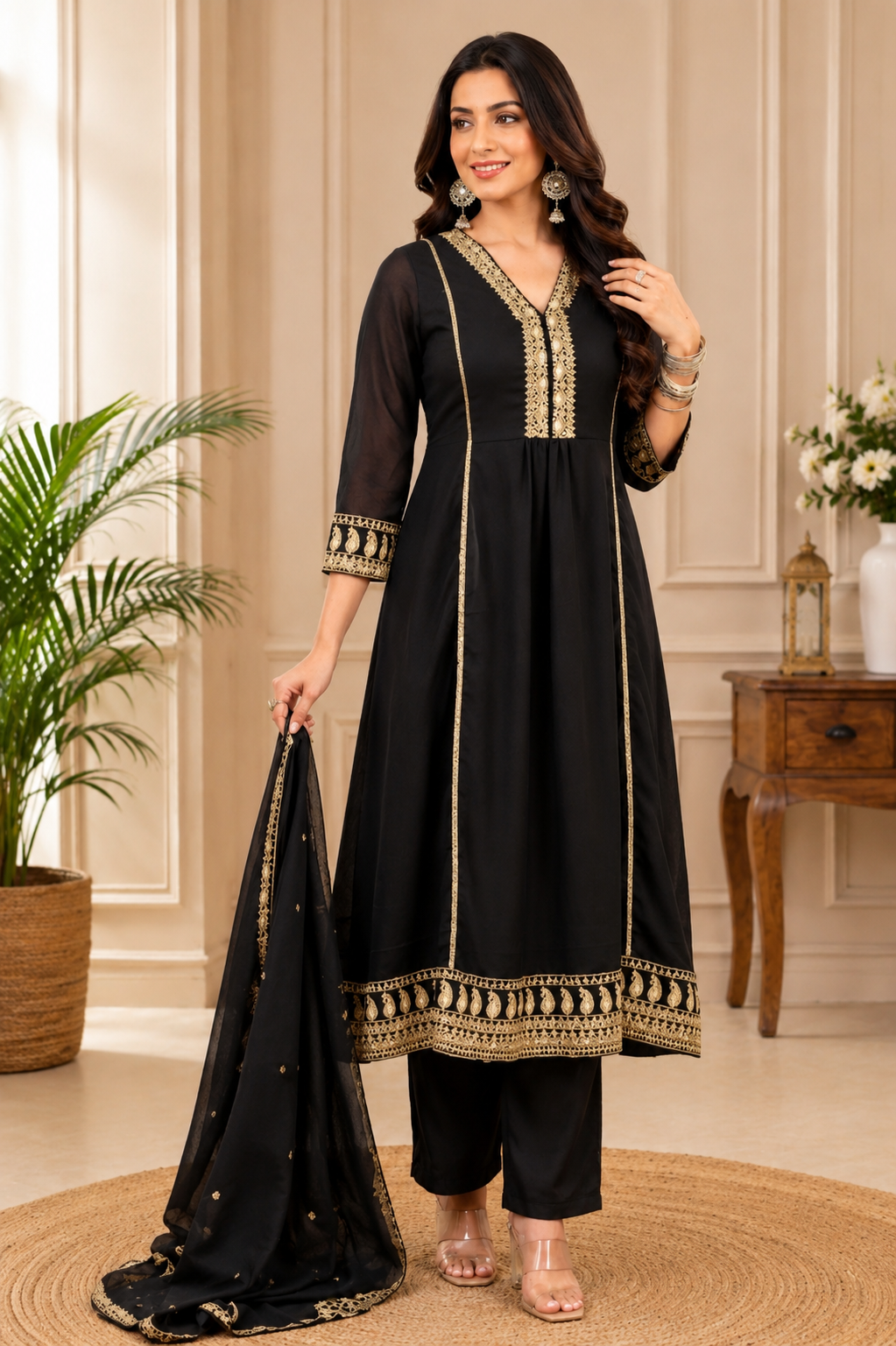 Premium Black Embroidered Anarkali Kurta Pant Set with Dupatta