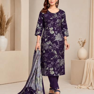 Premium Navy Blue Floral Printed Kurta Pant Set with Dupatta