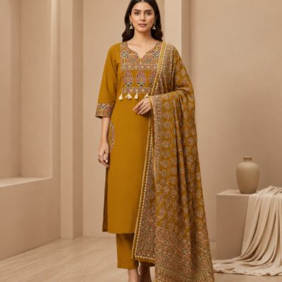 Premium Mustard Printed Kurta Pant Set with Designer Dupatta