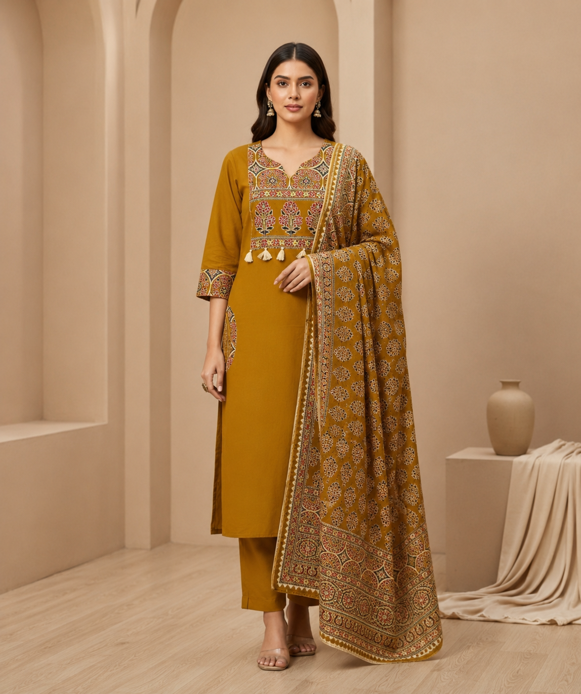 Premium Mustard Printed Kurta Pant Set with Designer Dupatta