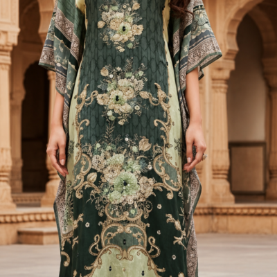 Premium Green Floral Printed Kurta Set with Dupatta