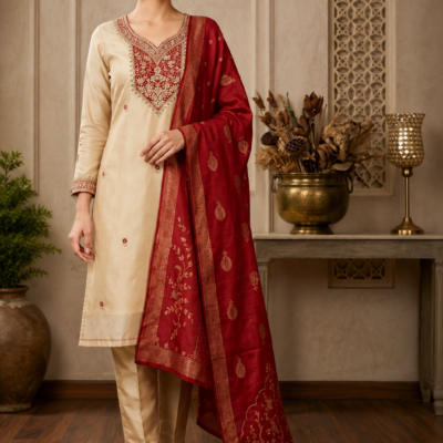 Premium Cream Embroidered Kurta Set with Red Dupatta