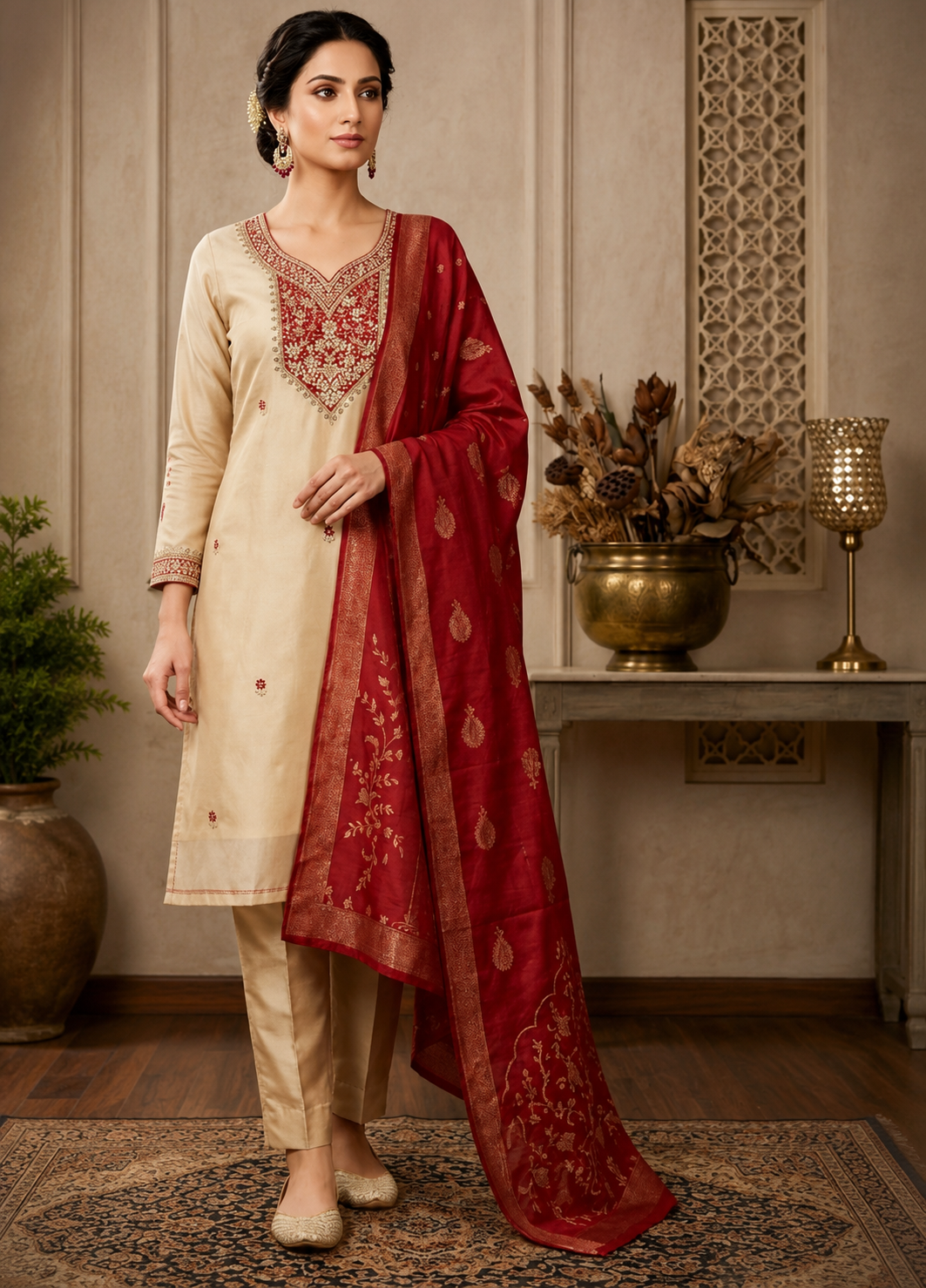 Premium Cream Embroidered Kurta Set with Red Dupatta