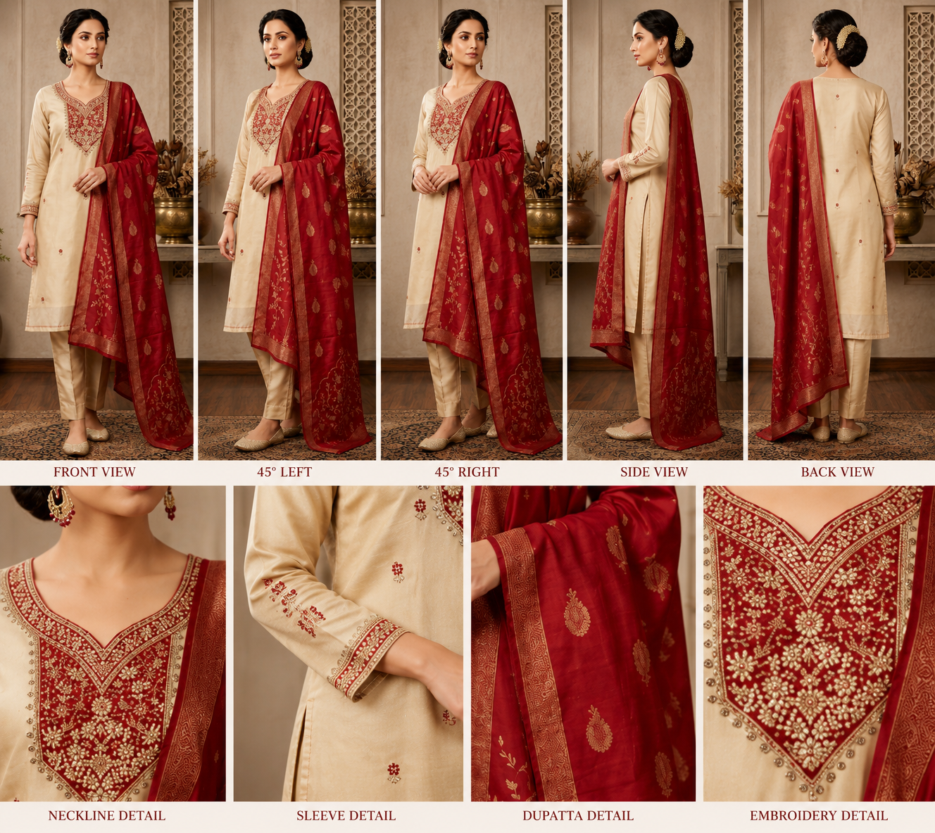 Premium Cream Embroidered Kurta Set with Red Dupatta - Image 2