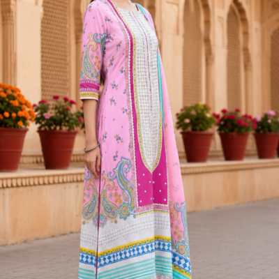 Premium Pastel Pink Printed Kurta Set with Dupatta