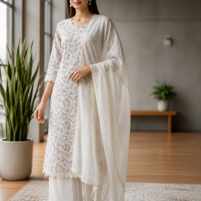 Premium White Floral Printed Kurta Set with Dupatta