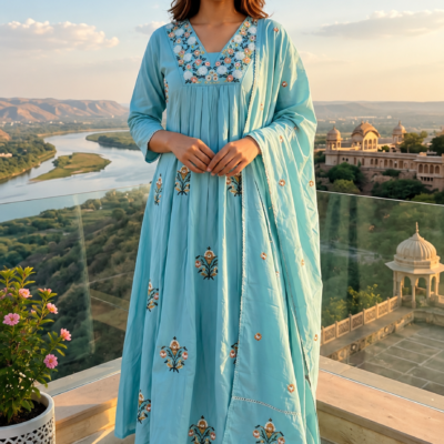 Premium Sky Blue Embroidered Anarkali Kurta Set with Dupatta