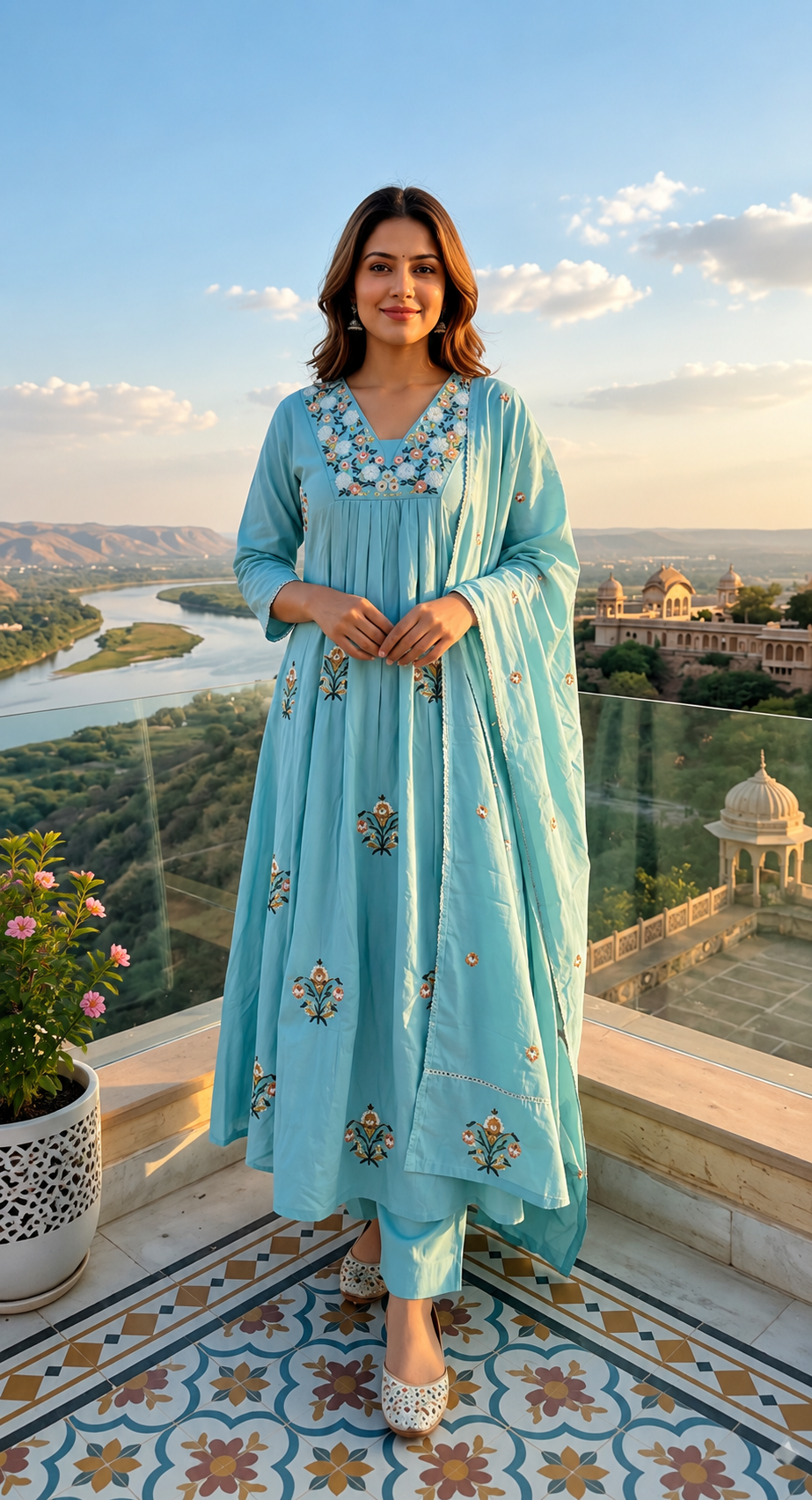 Premium Sky Blue Embroidered Anarkali Kurta Set with Dupatta