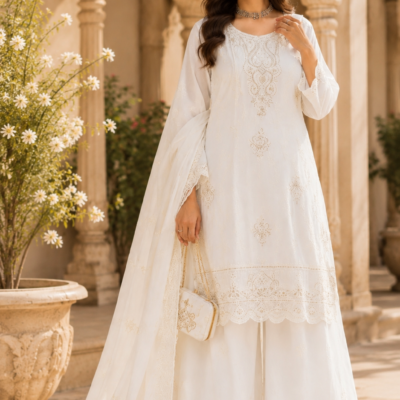 Premium White Embroidered Kurta Palazzo Set with Dupatta