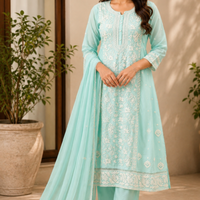 Premium Mint Green Embroidered Kurta Set with Dupatta