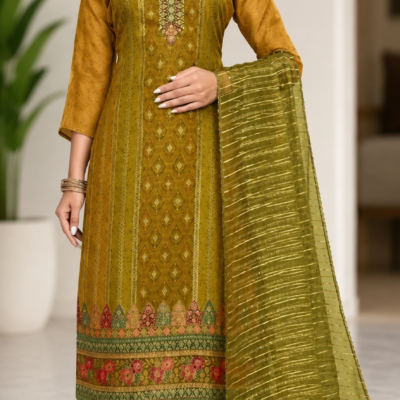 Premium Olive Green Printed Kurta Set with Striped Dupatta