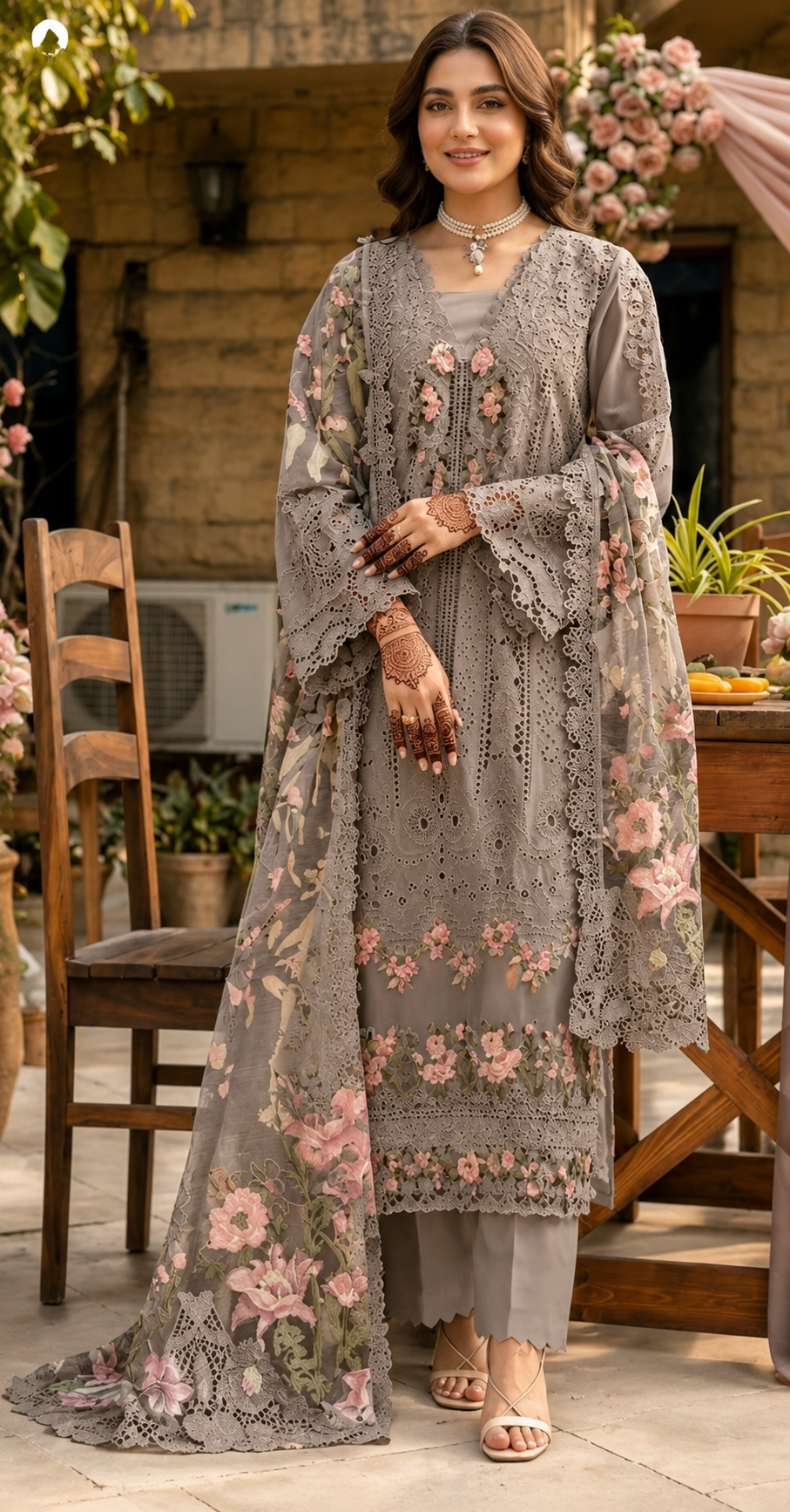 Premium Grey Floral Embroidered Kurta Set with Designer Dupatta
