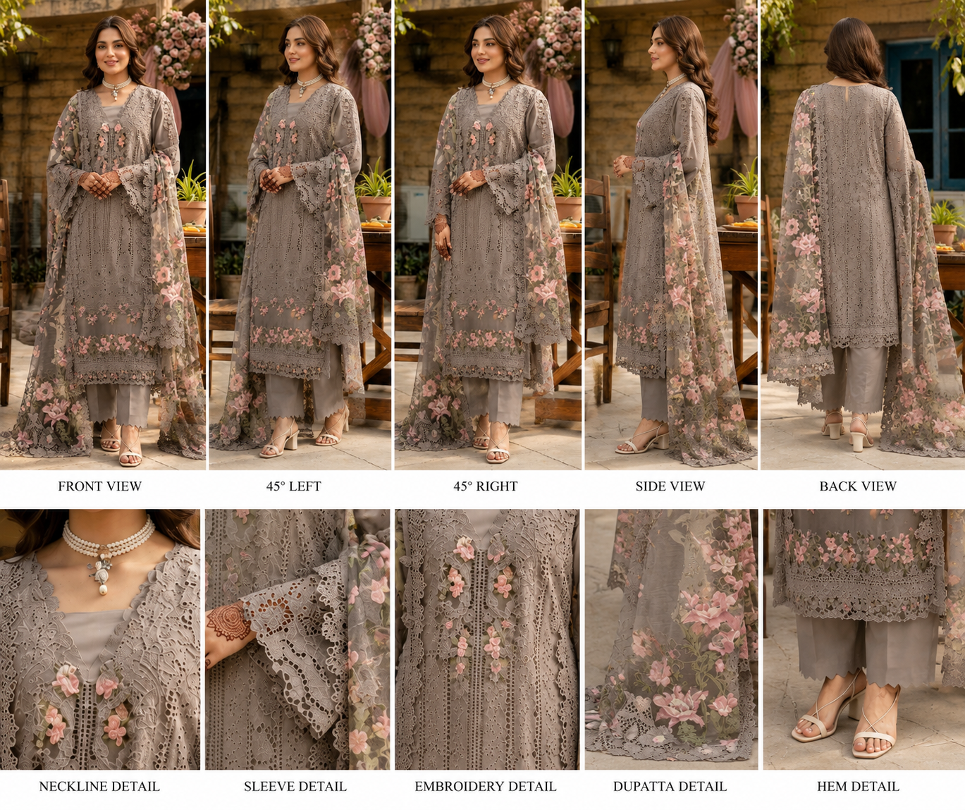 Premium Grey Floral Embroidered Kurta Set with Designer Dupatta - Image 2