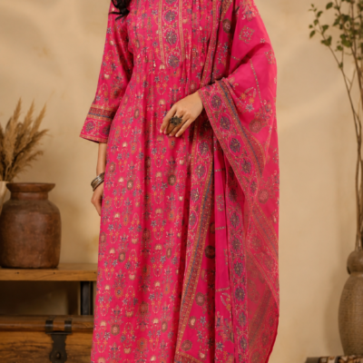 Premium Rani Pink Printed Kurta Set with Designer Dupatta