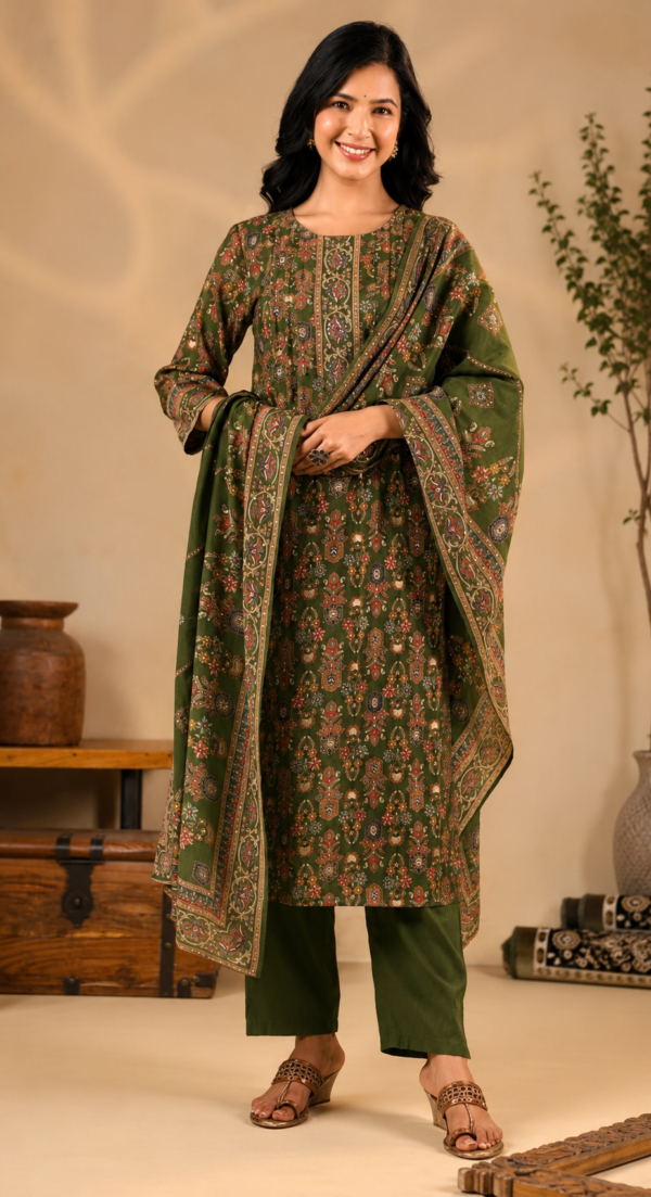 ChatGPT Image Jul 29, 2026, 09_48_13 AM Premium Olive Green Printed Kurta Set with Designer Dupatta