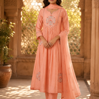 Premium Peach Embroidered Anarkali Kurta Set with Dupatta