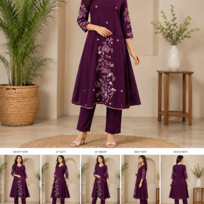 Premium Wine Purple Floral Embroidered Anarkali Kurta Set