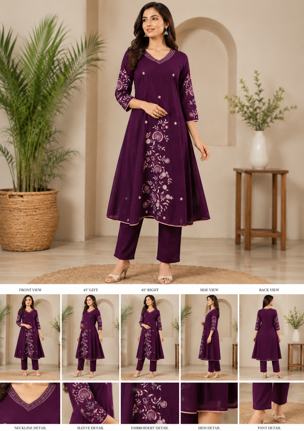 Premium Wine Purple Floral Embroidered Anarkali Kurta Set