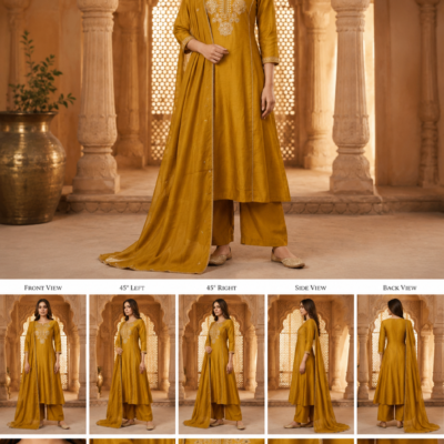 Premium Mustard Yellow Embroidered Kurta Palazzo Set with Dupatta