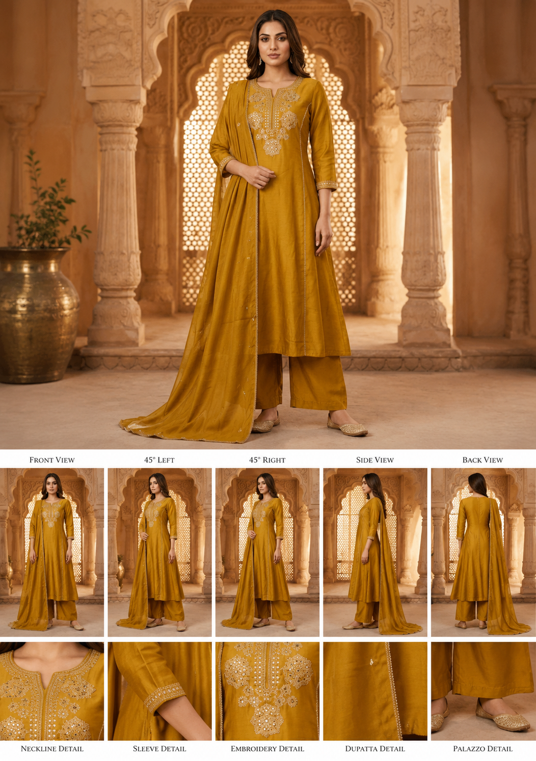 Mustard Yellow Embroidered Kurta Palazzo Set