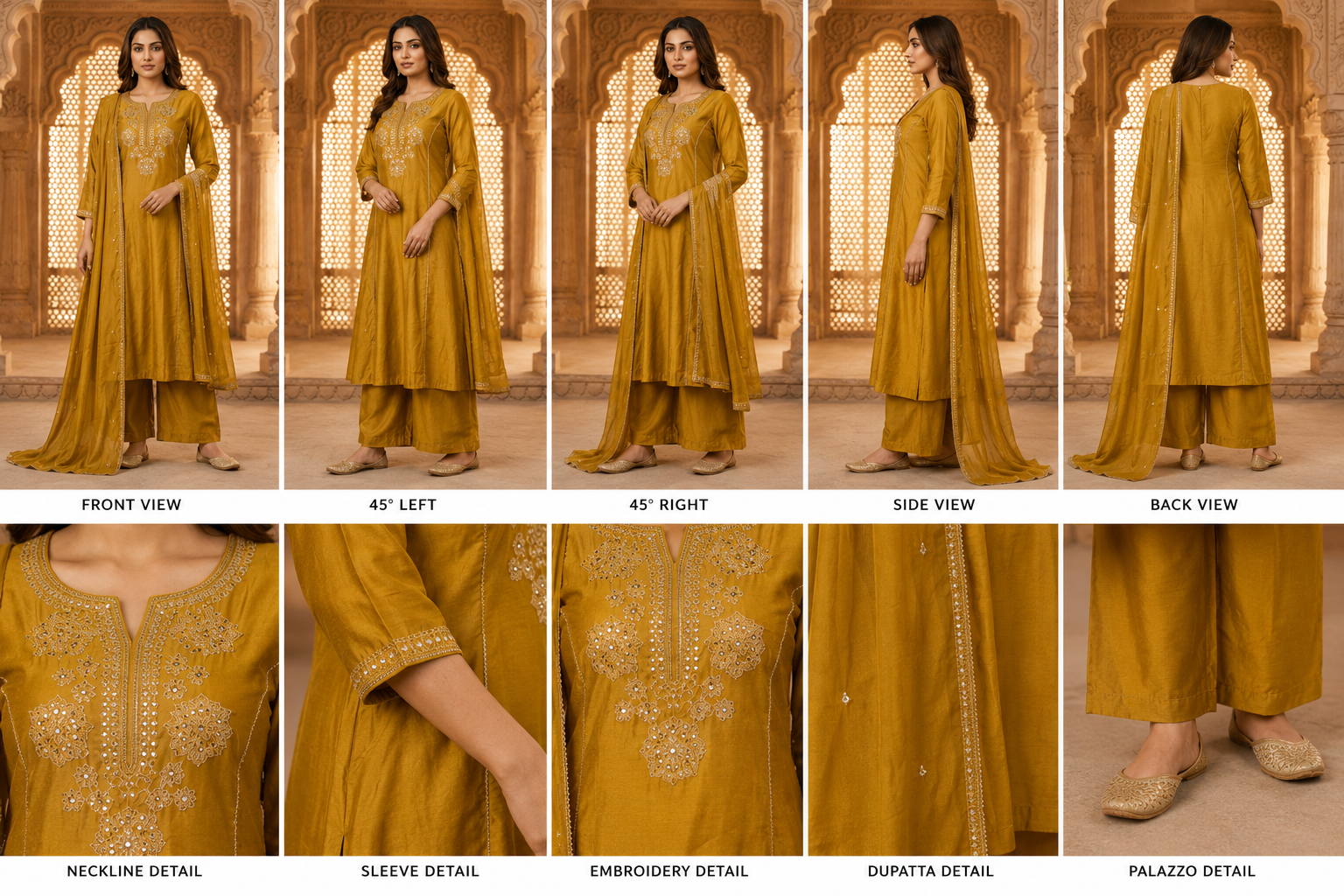 Premium Mustard Yellow Embroidered Kurta Palazzo Set with Dupatta - Image 2