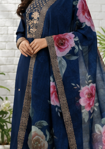 Premium Navy Blue Embroidered Kurta Set with Floral Organza Dupatta