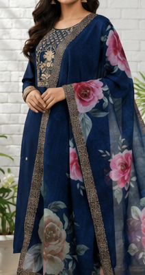 Premium Navy Blue Embroidered Kurta Set with Floral Organza Dupatta