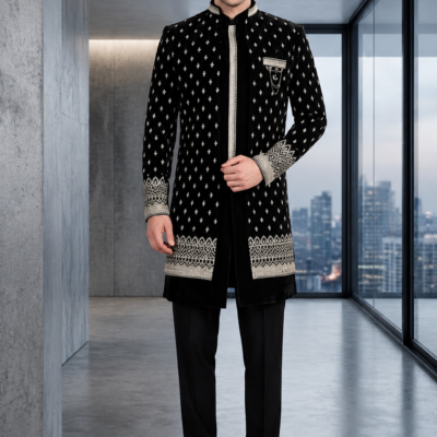 Black Embroidered Sherwani Set for Men – Premium Wedding & Reception Wear