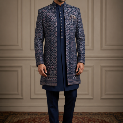 Premium Navy Blue Embroidered Sherwani Set for Men – Wedding & Reception Wear