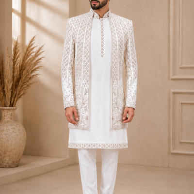 Premium Ivory Embroidered Sherwani Set for Men – Wedding & Reception Ethnic Wear