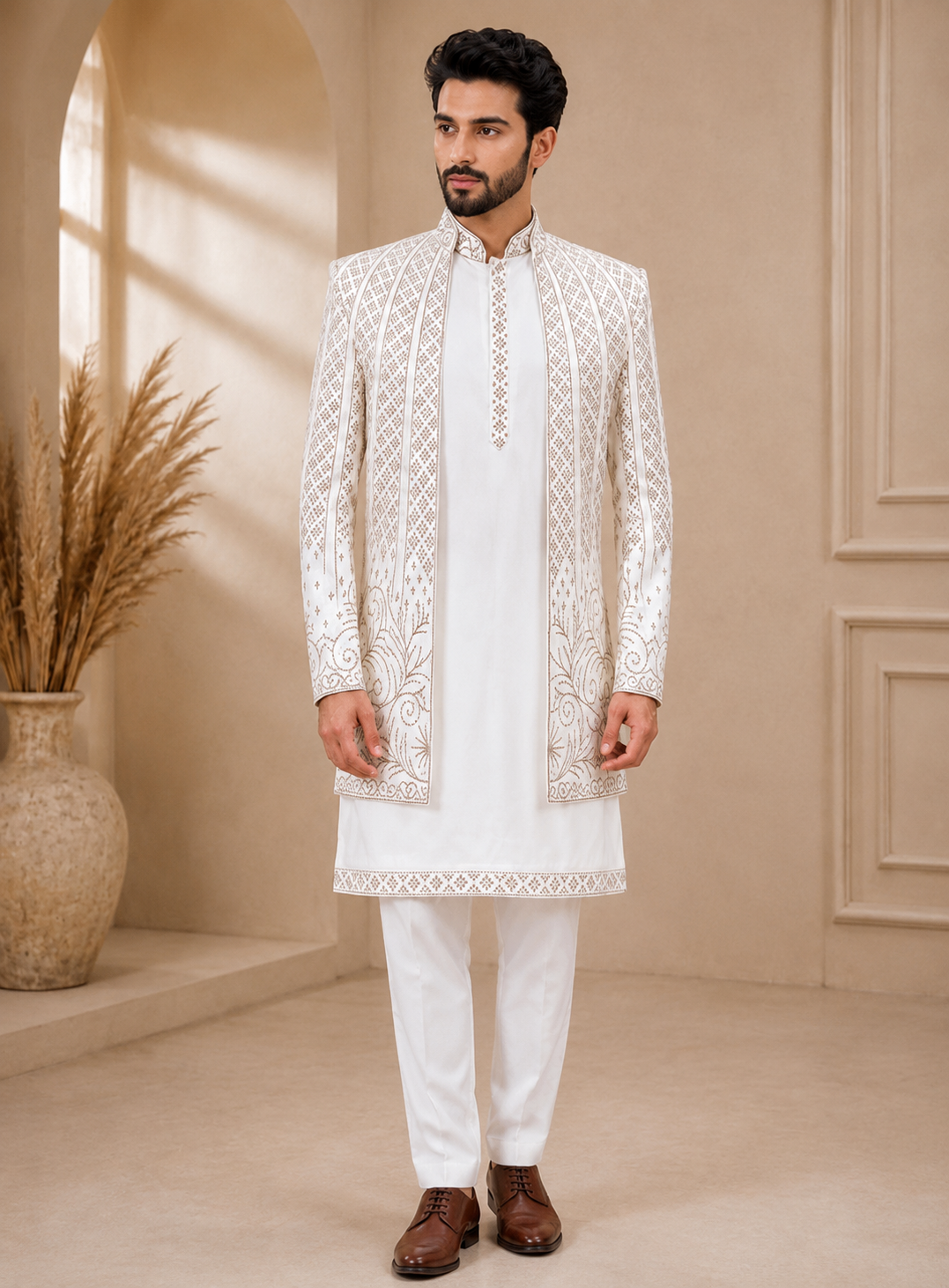 Ivory Embroidered Sherwani Set