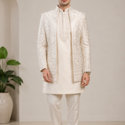Luxury Ivory Embroidered Sherwani Set for Men – Premium Wedding & Groom Wear