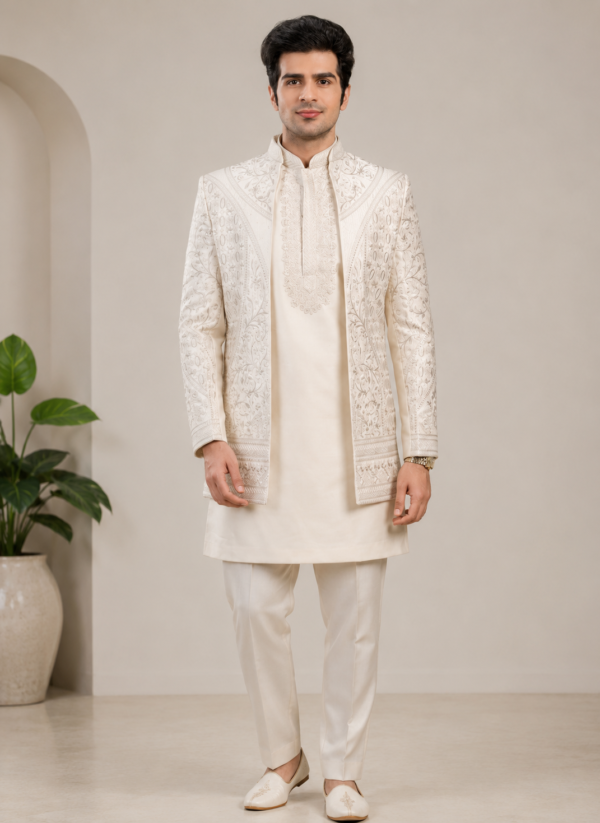 Luxury Ivory Embroidered Sherwani Set for Men – Premium Wedding & Groom Wear