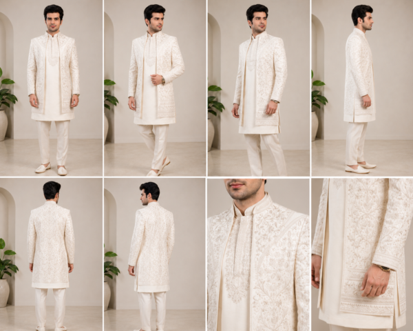 Luxury Ivory Embroidered Sherwani Set for Men – Premium Wedding & Groom Wear