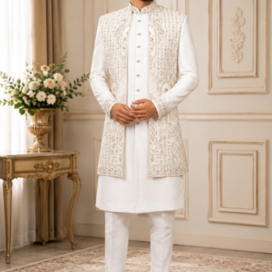 Royal Ivory Embroidered Sherwani Set for Men – Premium Wedding & Groom Wear