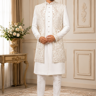 Royal Ivory Embroidered Sherwani Set for Men – Premium Wedding & Groom Wear