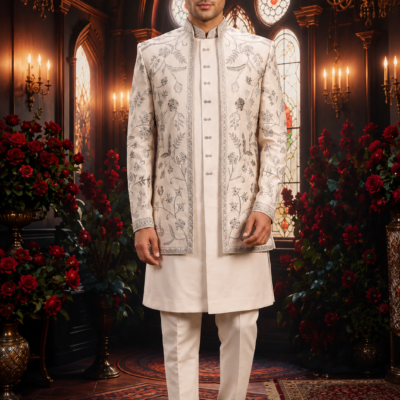 Luxury Ivory Floral Embroidered Sherwani Set for Men – Premium Wedding & Groom Wear