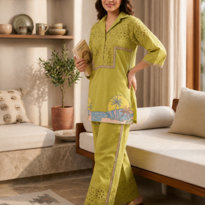 Premium Olive Green Embroidered Co-Ord Kurta Pant Set for Women