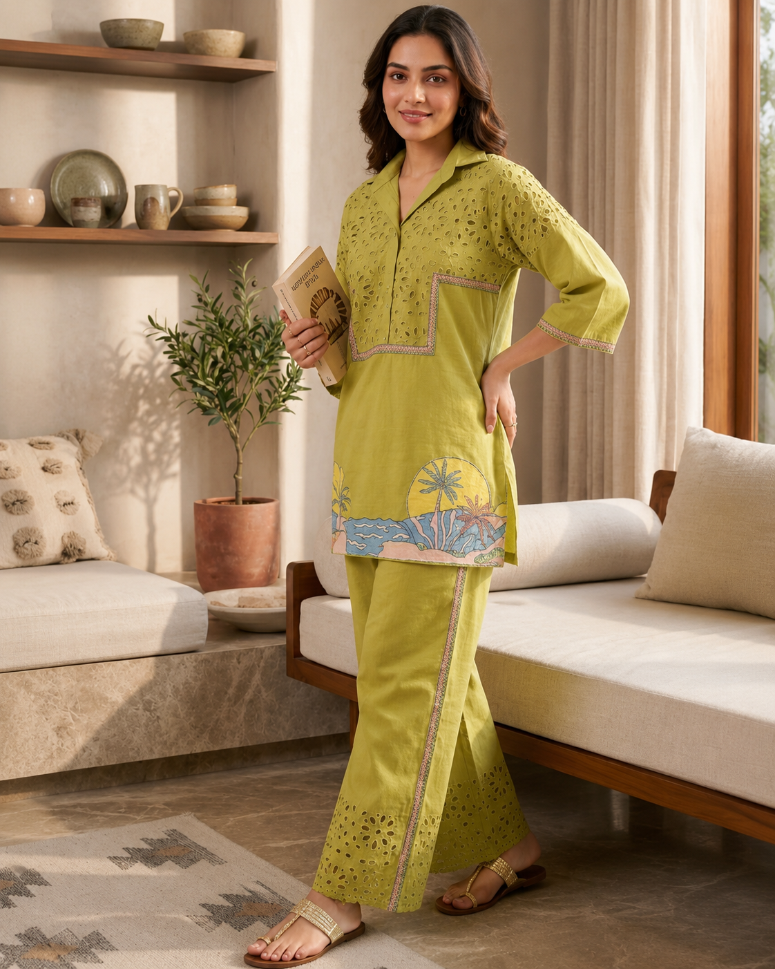 Premium Olive Green Embroidered Co-Ord Kurta Pant Set for Women, premium-olive-green-embroidered-co-ord-kurta-pant-set