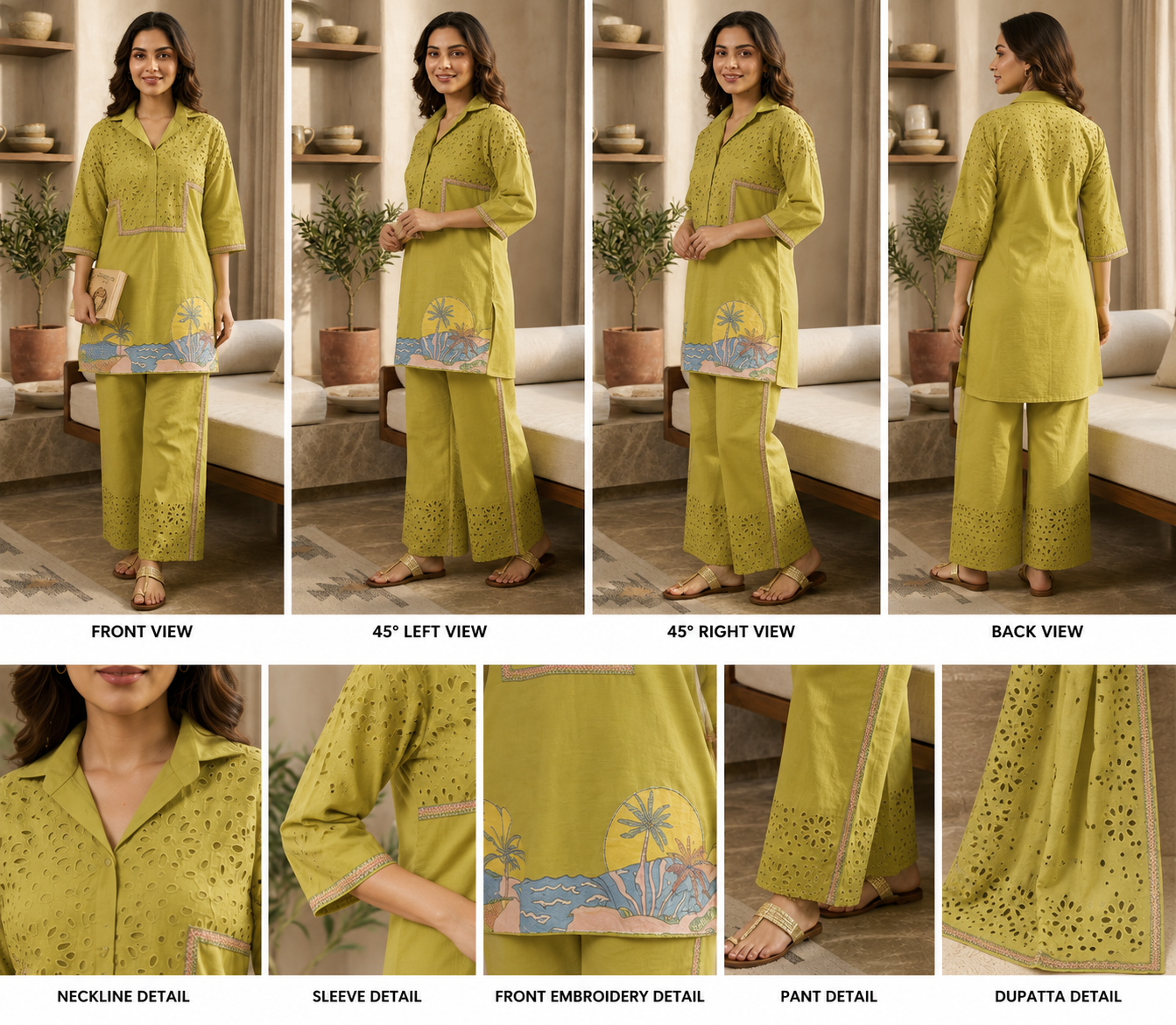 Premium Olive Green Embroidered Co-Ord Kurta Pant Set for Women - Image 2