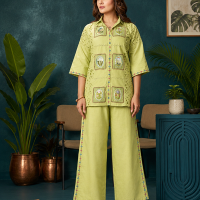 Premium Lime Green Embroidered Co-Ord Kurta Pant Set for Women
