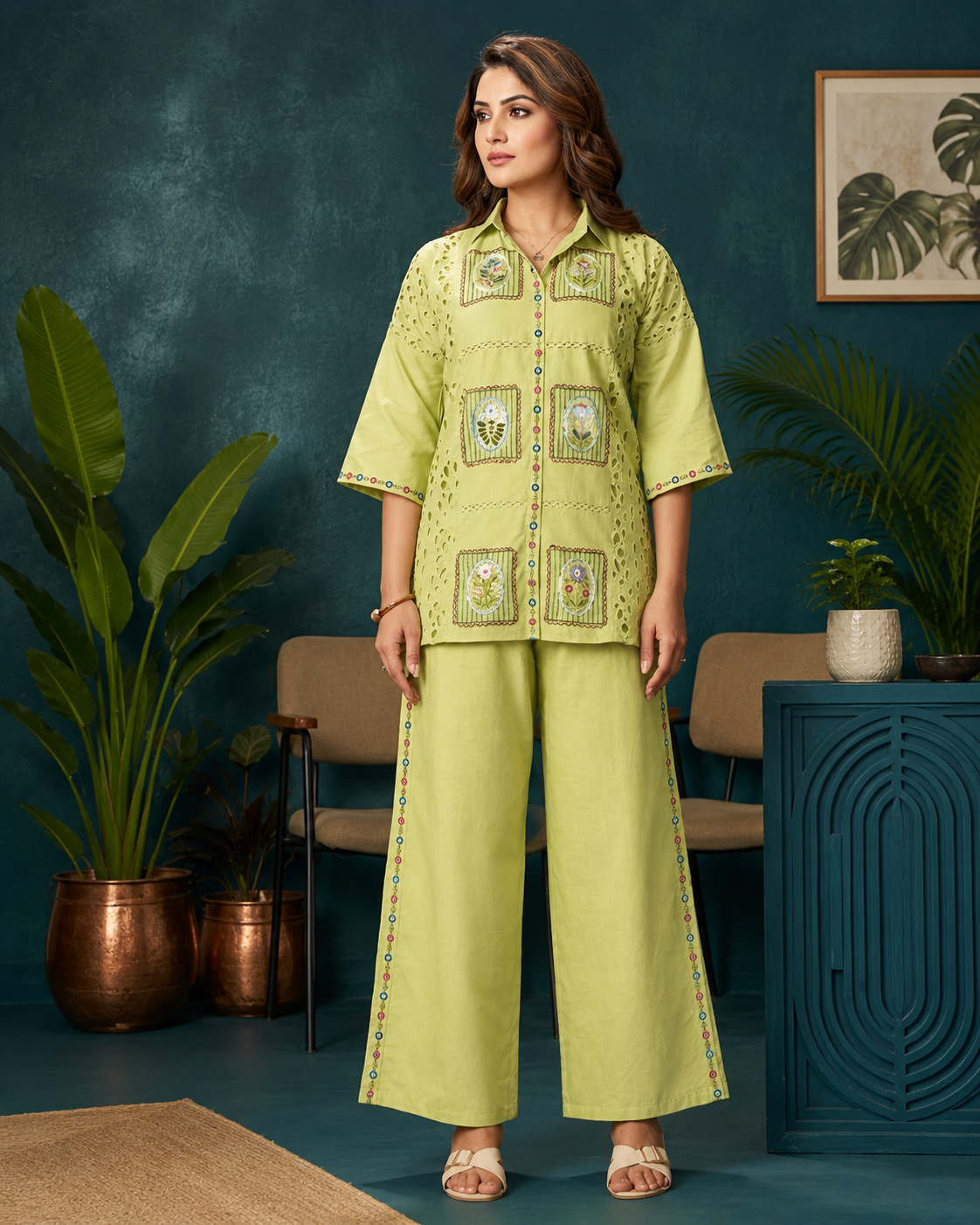 Premium Lime Green Embroidered Co-Ord Kurta Pant Set for Women, Lime Green Embroidered Co-Ord Set