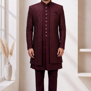 Ajmera Men's Maroon Embroidered Indo-Western Sherwani Set