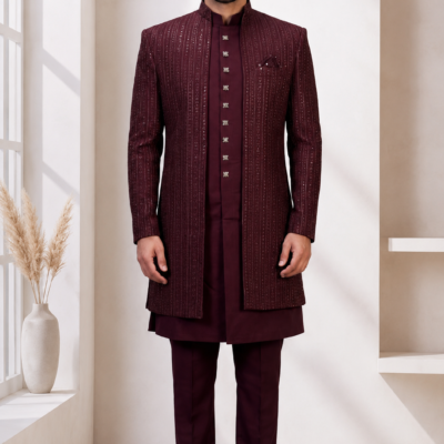 Ajmera Men's Maroon Embroidered Indo-Western Sherwani Set