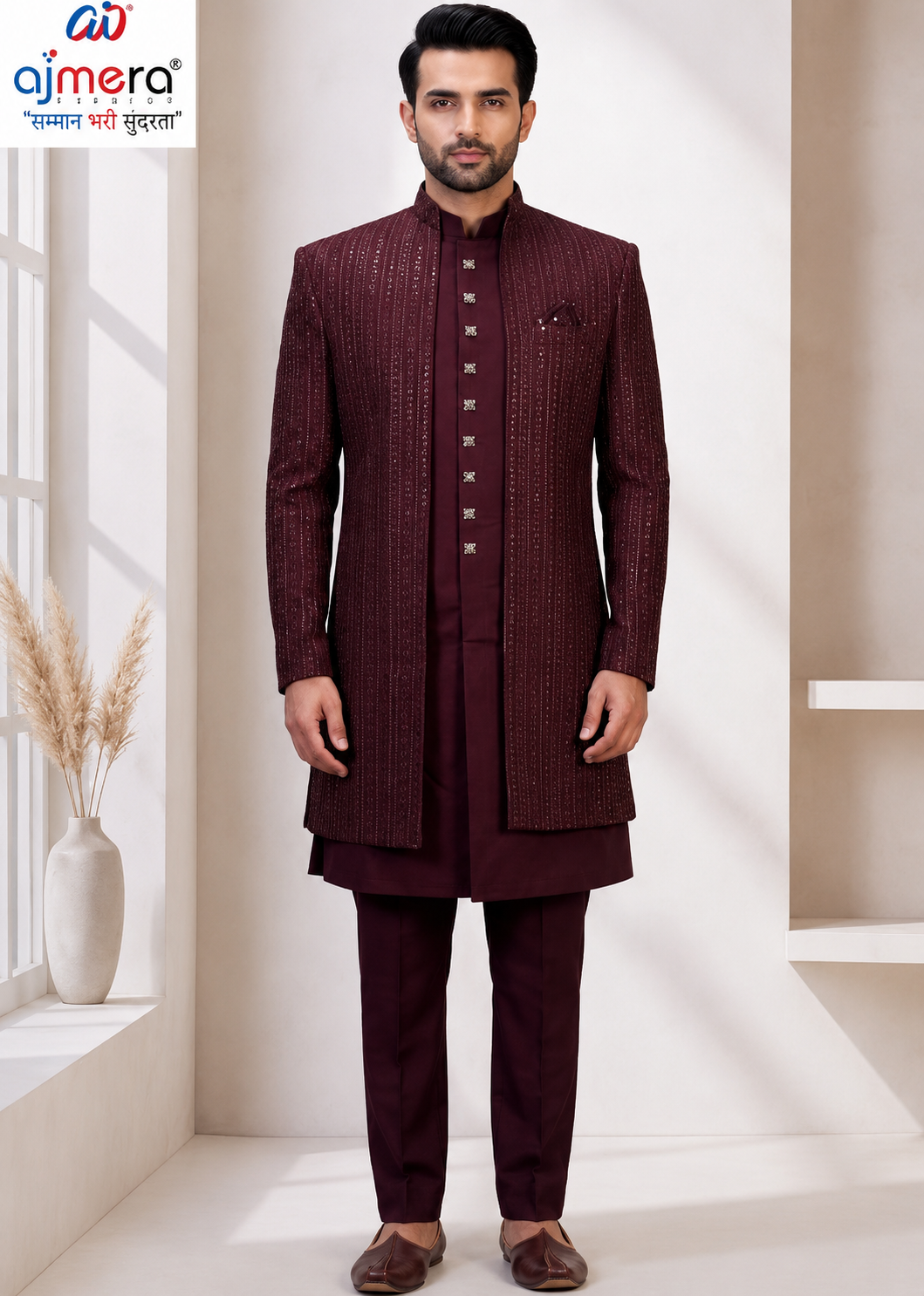 Ajmera Men’s Maroon Embroidered Indo-Western Sherwani Set, Maroon Indo Western Sherwani