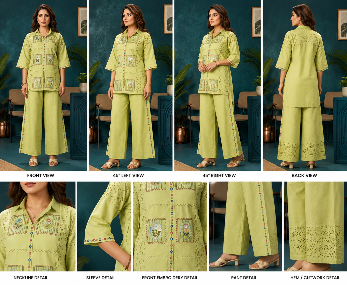 Premium Lime Green Embroidered Co-Ord Kurta Pant Set for Women - Image 2