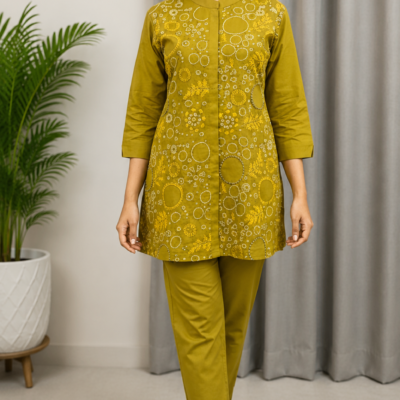 Premium Olive Mustard Printed Co-Ord Kurta Pant Set for Women